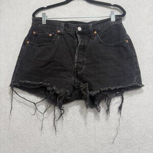 Levis 501 Shorts Womens 30 Black Distressed High Rise Cut Off Button Fly Denim